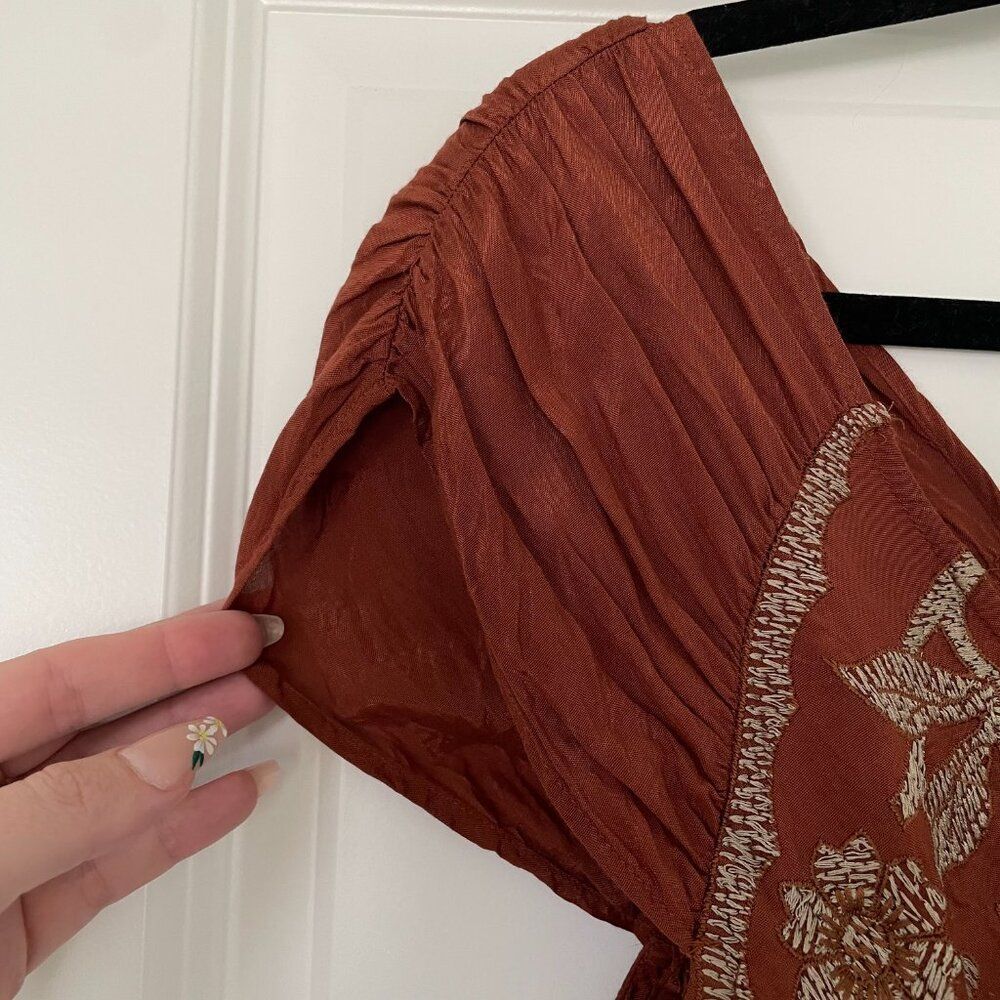 Free People Sahara Embroidered Top Women XS Brown Boho Short Sleeve Blouse - Picture 6 of 8